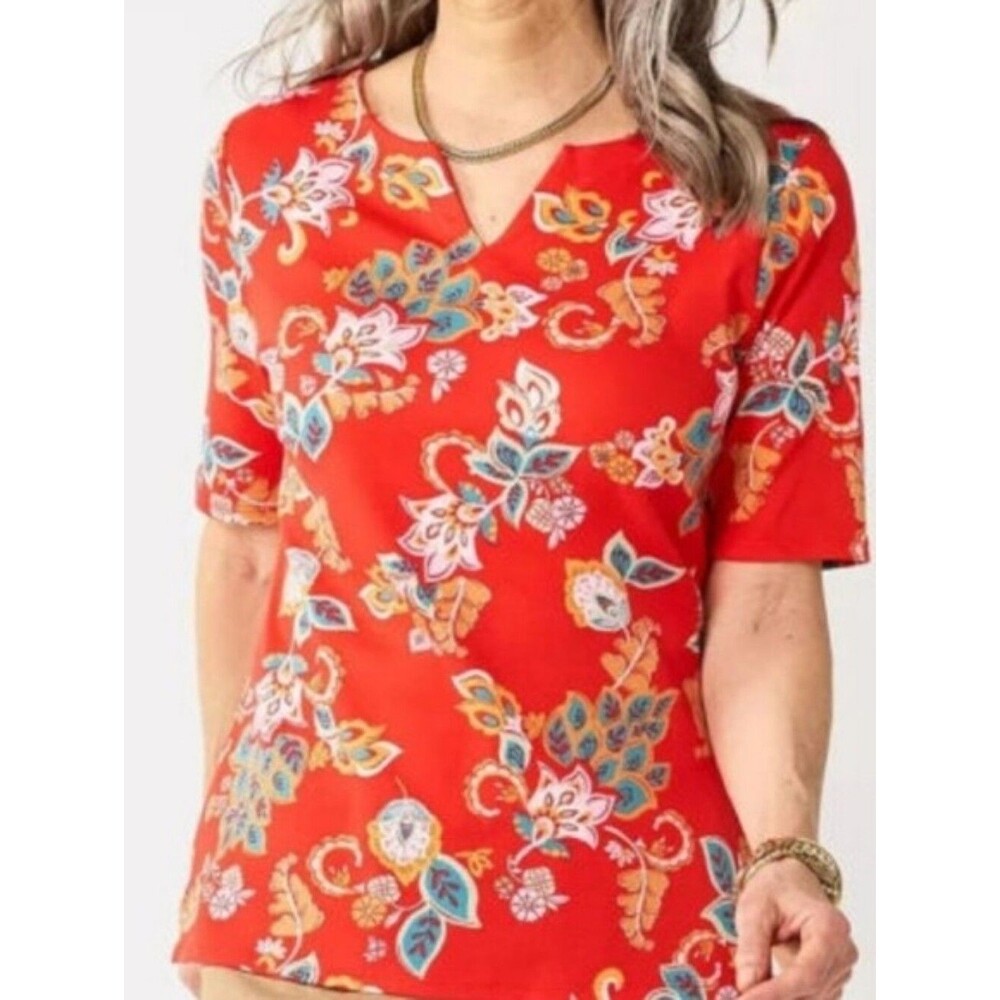 Croft & Barrow Red Floral V-Neck Top 1X 100% Cotton